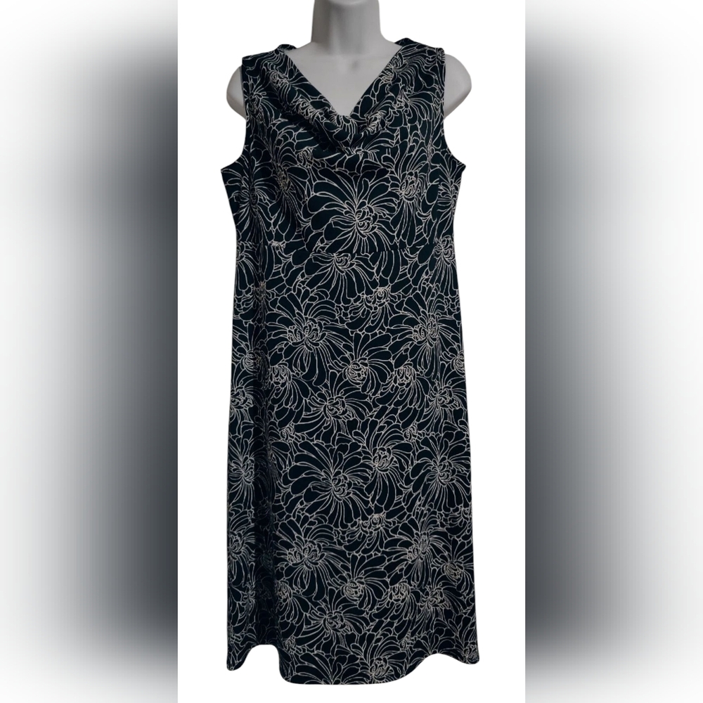 Valerie Stevens Black/White Floral Midi Sleeveless‎ Cowl Neck Sheath Dress M
